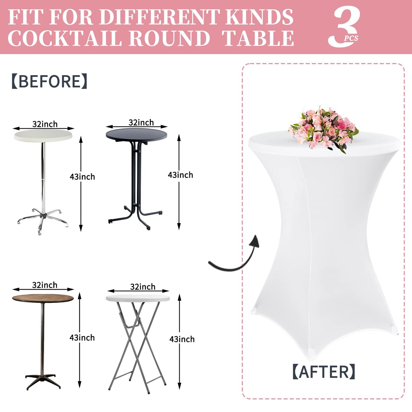 3 Stück Stehtisch Hussen 80cm,Hussen Stehtische weiß für Ø 80-85 cm Stehtische und Bistrotische, Stretch-Tischdecke mit Fußtaschen für Hochzeit Geburtstagsfeier Bankett(80 cm, weiß)