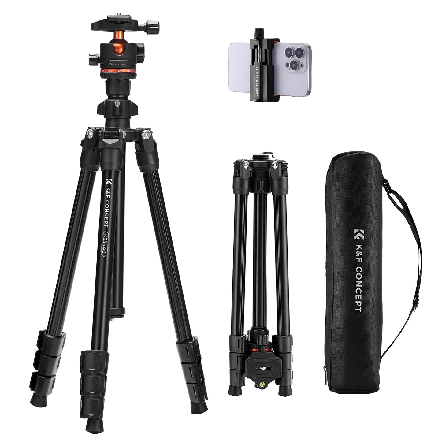 Kamera Stativ, K&F Concept Handy Stativ,178cm Stativ mit Handyhalterung, Tripod für unterwegs, Stativ für Smartphone, Aluminium Reisestativ K234A3+BH-36