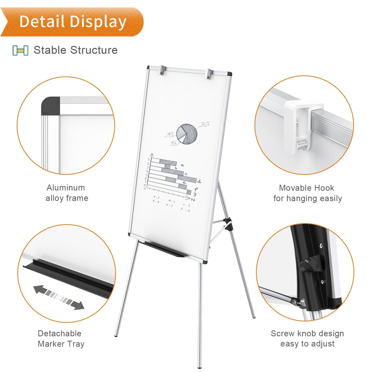 VIZ-PRO Flipchart-Ständer-Whiteboard, Magnetisches Tragbares Trocken abwischbares Brett 90 x 60 cm, Dreibein-Whiteboard Höhenverstellbar