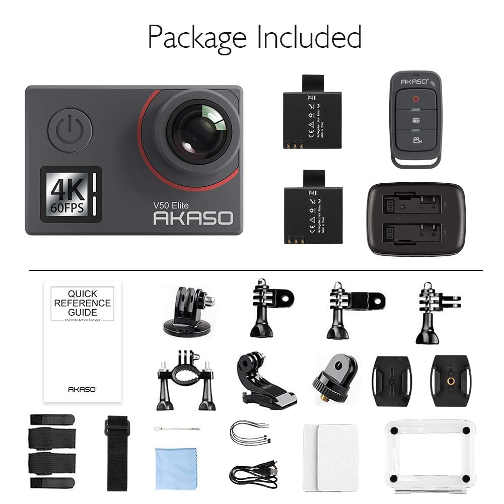 AKASO Action Cam 4K60FPS, Unterwasserkamera 40M Wasserdicht 20MP WiFi Actioncam mit EIS Stabilisierung, 8X Zoom,Sprachsteuerung, Fernbedienung, Zubehör Kit -V50 Elite