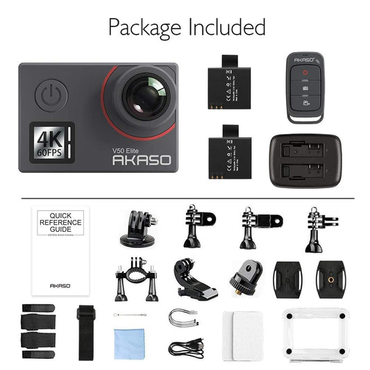 AKASO Action Cam 4K60FPS, Unterwasserkamera 40M Wasserdicht 20MP WiFi Actioncam mit EIS Stabilisierung, 8X Zoom,Sprachsteuerung, Fernbedienung, Zubehör Kit -V50 Elite