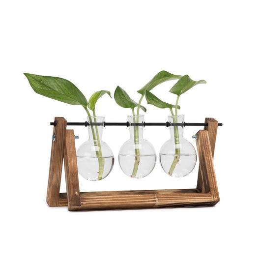 Hyindoor Propagation Station Vermehrungsstation für Pflanzen Hydroponik Blumenvase Glasvase Mit Holzständer Vintage Dekovase Tischvase für Hause Büro Wohnzimmer, 3 Glühbirnen