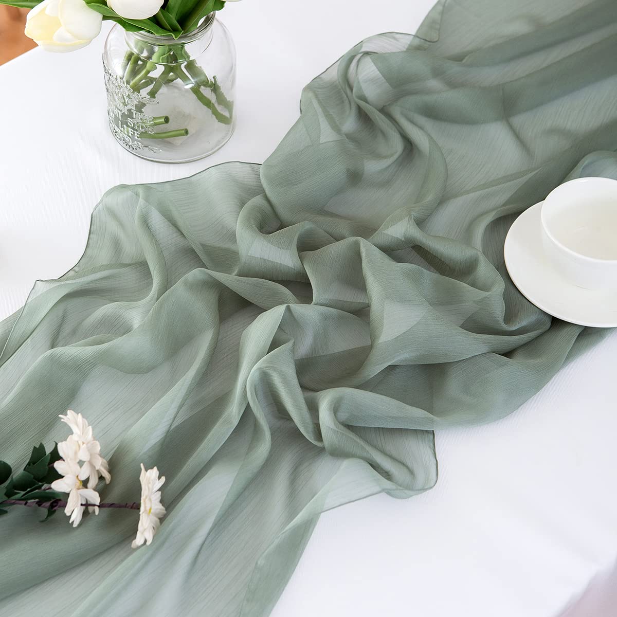 CHUQING Tischläufer Chiffon grün,70 cm x 3m,Salbeigrün Tischläufer Hochzeit Tischdeko Eukalyptus Grün Table Runner,Mintgrün