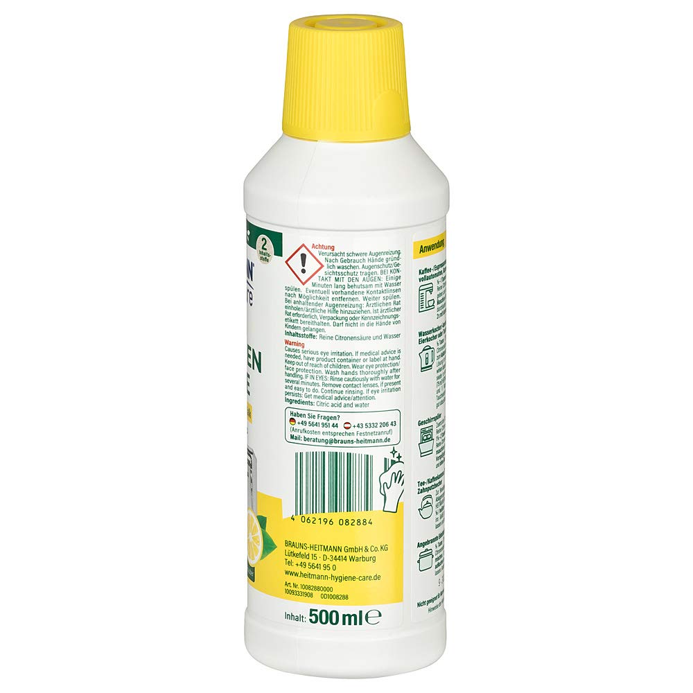 HEITMANN pure Reine Citronensäure | Flüssiger Bio-Entkalker für Küche & Bad | Effektiv gegen Kalkablagerungen | 100% natürliche Inhaltsstoffe | Lebensmittelsauber | 500 ml