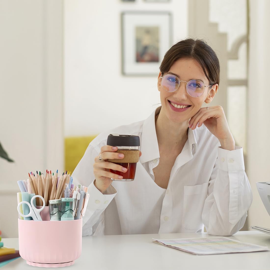 SKYDUE Schreibtisch Organizer, 360 Grad Stiftehalter Drehbar, Stifte Organizer Mit 5 Fächern, Stiftehalter Schreibtisch Für Büro, Schule, Zuhause(Hellrosa)