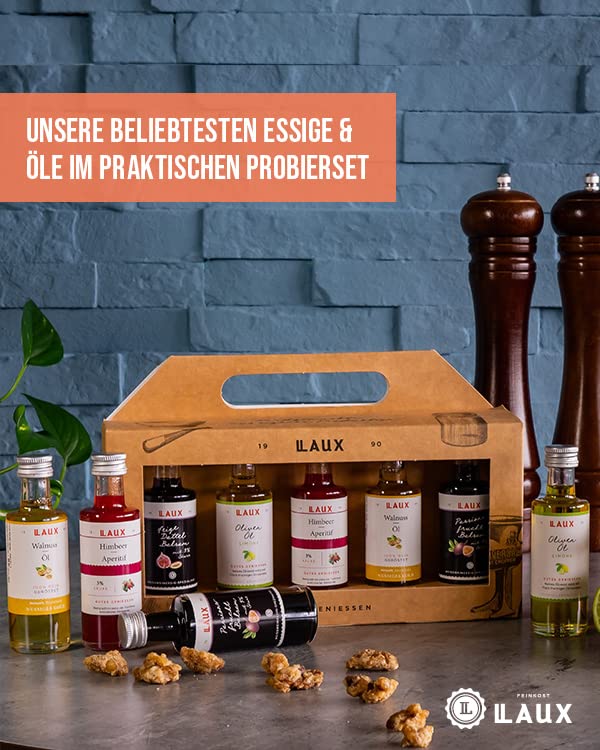LAUX Essig Öl Geschenkbox - 5 Sorten im Set: Olivenöl, Walnussöl, Balsam & Aperitif - Für Salate Oder Herzhafte Gerichte - Grill Geschenk Set für Sie & Ihn (5 x 40ml)