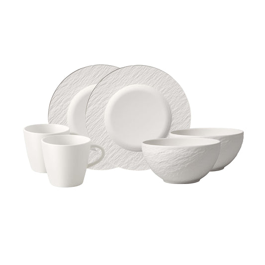 Villeroy & Boch – Manufacture Rock blanc Frühstücks-Set 6 teilig für 2 Personen Weiß, Spülmaschinenfest, Mikrowellensicher, Geschirrset mit Frühstückstellern, Tassen und Schüsseln, Premium Porzellan
