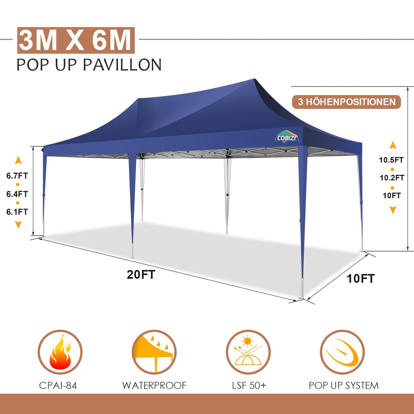 COBIZI Pavillon 3x6 Faltpavillon Wasserdicht Stabil mit 6 Seitenteilen Kegelförmig Partyzelt 3 Höhenverstellbar UV-Schutz Tragetasche Zelthering, Seile für Garten, Hochzeiten, Markt, Freien Event
