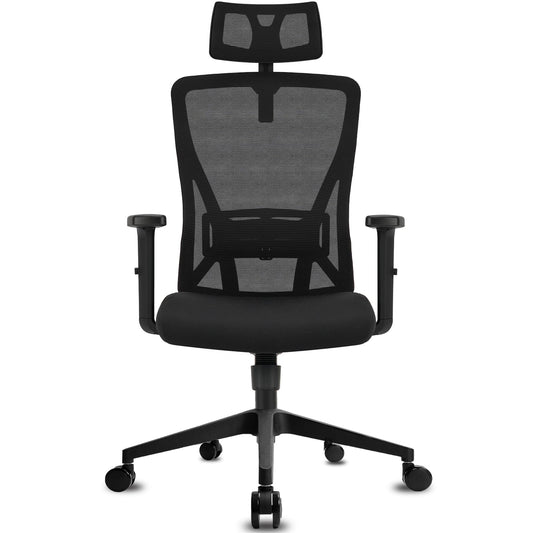 Durrafy Bürostuhl Ergonomisch, Bürostuhl, Schreibtischstuhl mit Verstellbarer Kopfstütze, Armlehnen, Lendenwirbelstütze Höhenverstellbar, 90°-130° Schaukeln, Chefsessel 150KG Belastbar, Schwarz