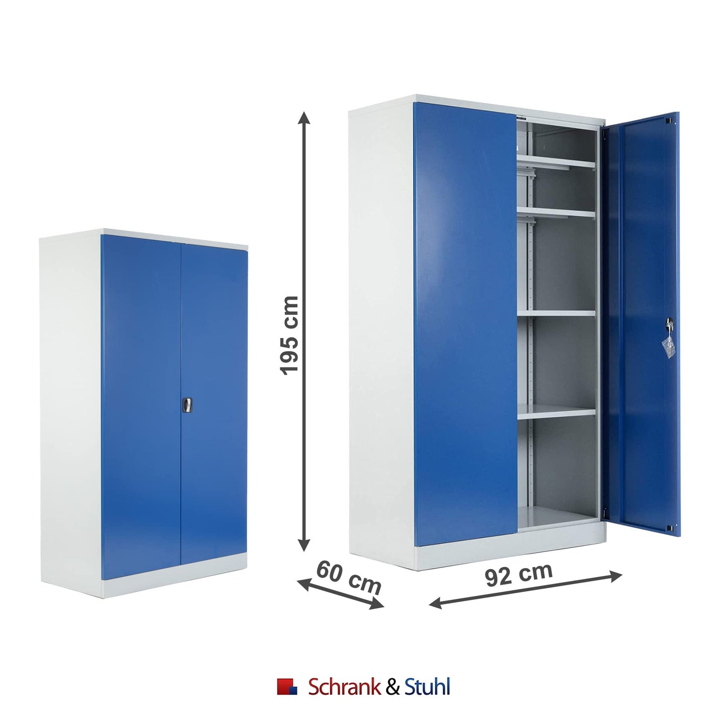 Schrank & Stuhl XXL Werkzeugschrank – Werkstattschrank mit 4 höhenverstellbaren Fachböden, Stahlschrank für Werkzeuge, 195 x 92 x 60 cm (H x B x T), Grau/Blau
