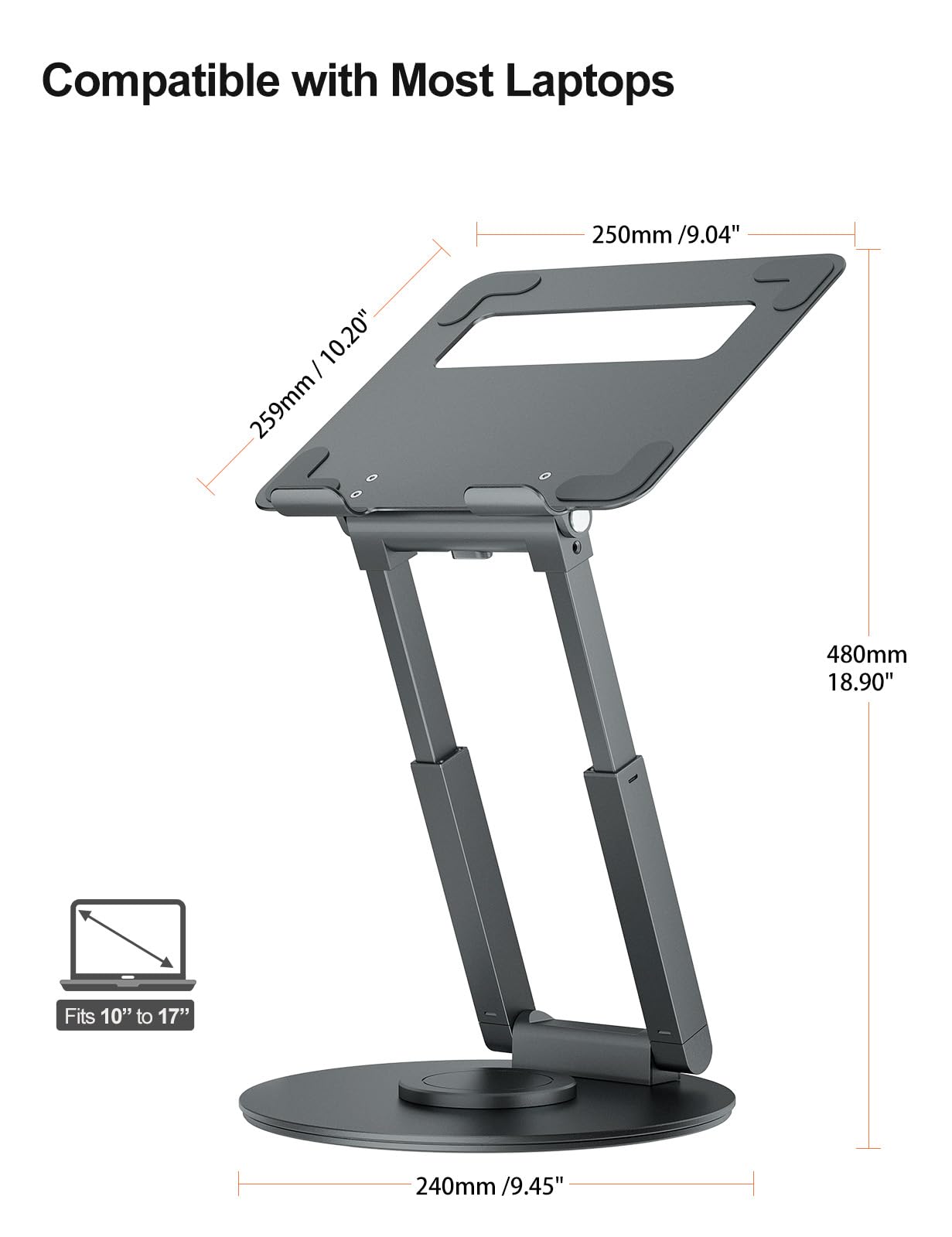 Laptop Ständer Höhenverstellbar mit 360° Drehbarer Basis, Ergonomisch Laptopständer, Laptop Erhoehung Fuer Schreibtisch, Standing Laptop Stand Computer Ständer mit MacBook Pro, Laptops 10–17"-Grau