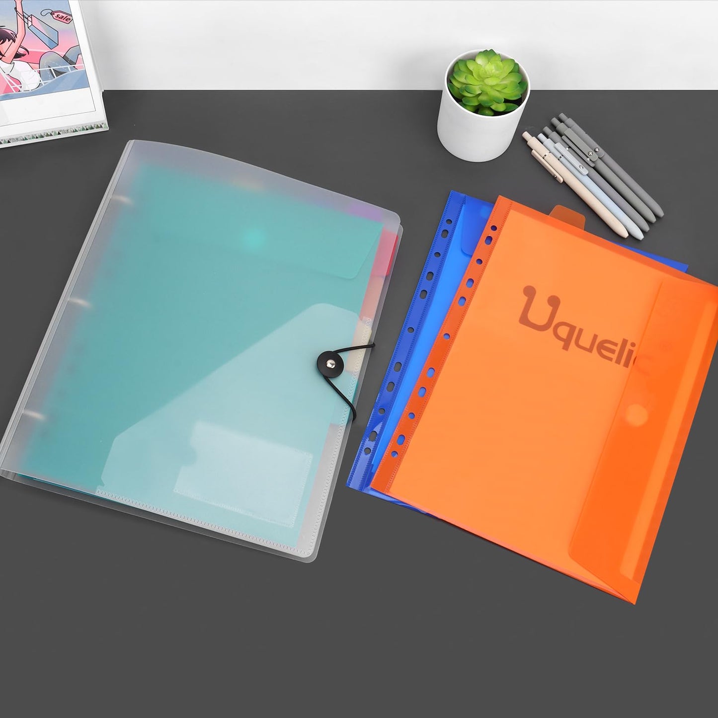 Uquelic Dokumentenmappe A4 zum Abheften, Ringordner A4 Schmal mit 12er Kunststoff Dokumententasche (6 Farben), Wasserdicht Ordner Organizer - Transparent
