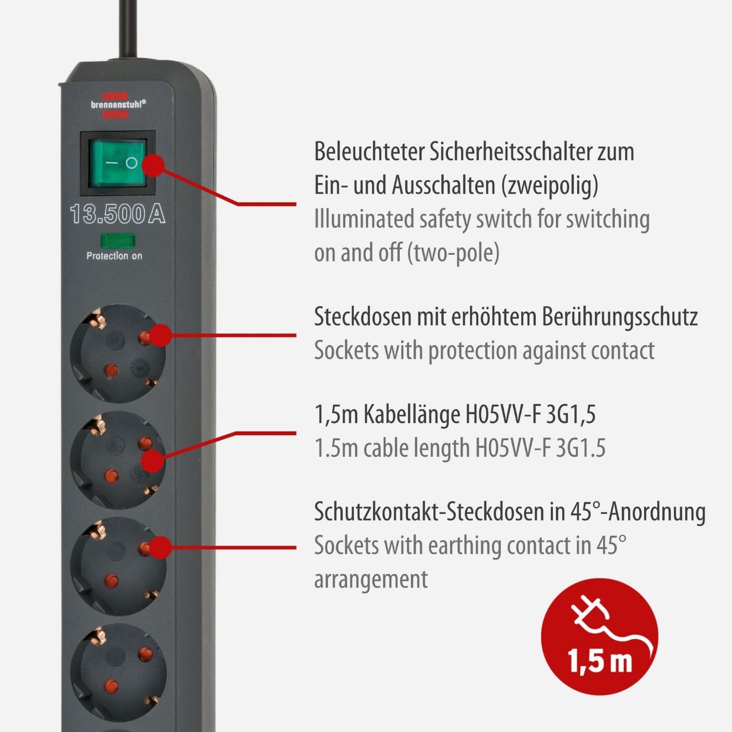 Brennenstuhl Steckdosenleiste 6-Fach mit Überspannungsschutz und 1,5m Kabel (Eco-Line Mehrfachsteckdose mit Schalter und erhöhtem Berührungsschutz) anthrazit