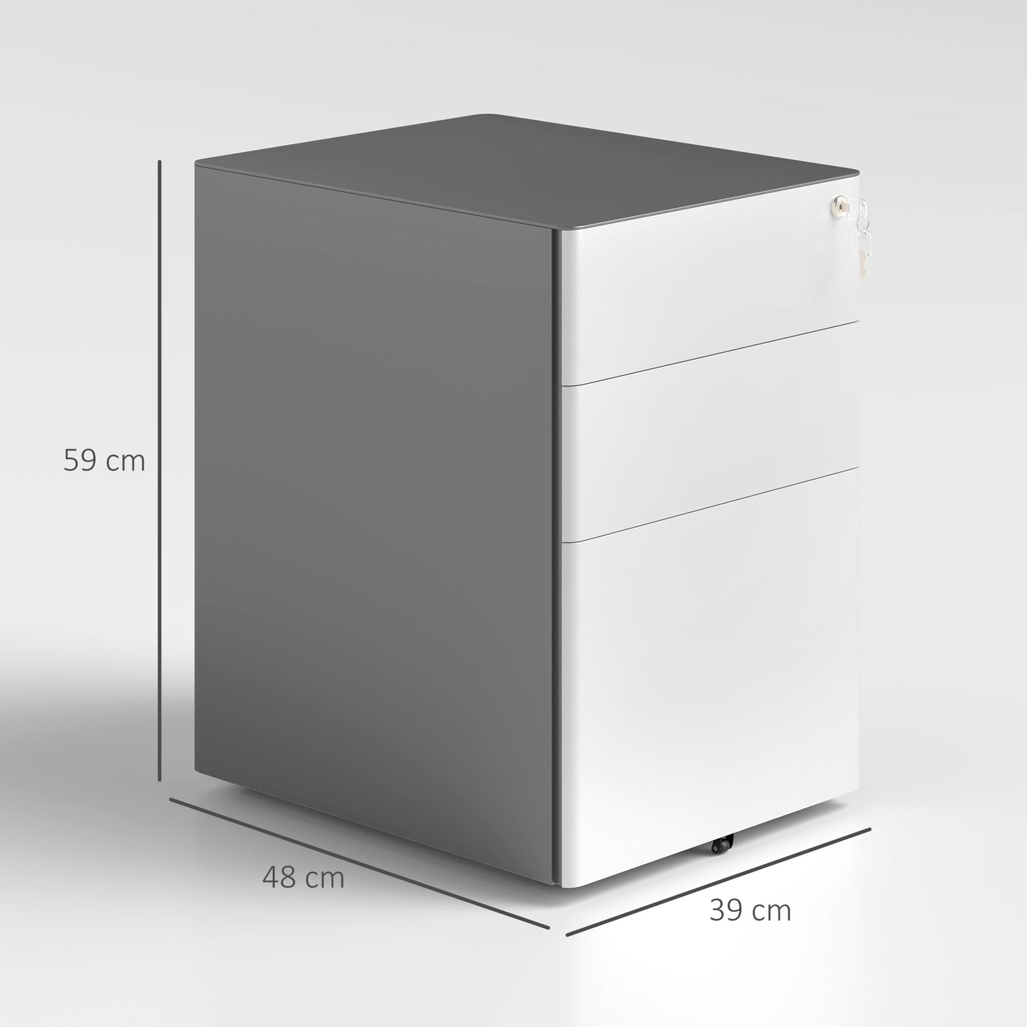 Vinsetto Rollcontainer, mobiler Aktenschrank mit 3 Schubladen, abschließbarer Büroschrank mit Hängeregistratur, Aufbewahrung, Stahl, 39 x 48 x 59 cm Weiß+Grau