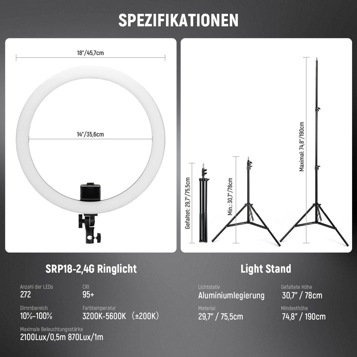NEEWER Ringlicht SRP18-2,4G 18 Zoll LED mit Ständer und Telefonhalter, 2,4G & Manual Touch Control Professional Ringlicht, 42W 3200-5600K für Tattoo Wimpern Friseur Fotografie Beleuchtung,(Schwarz)