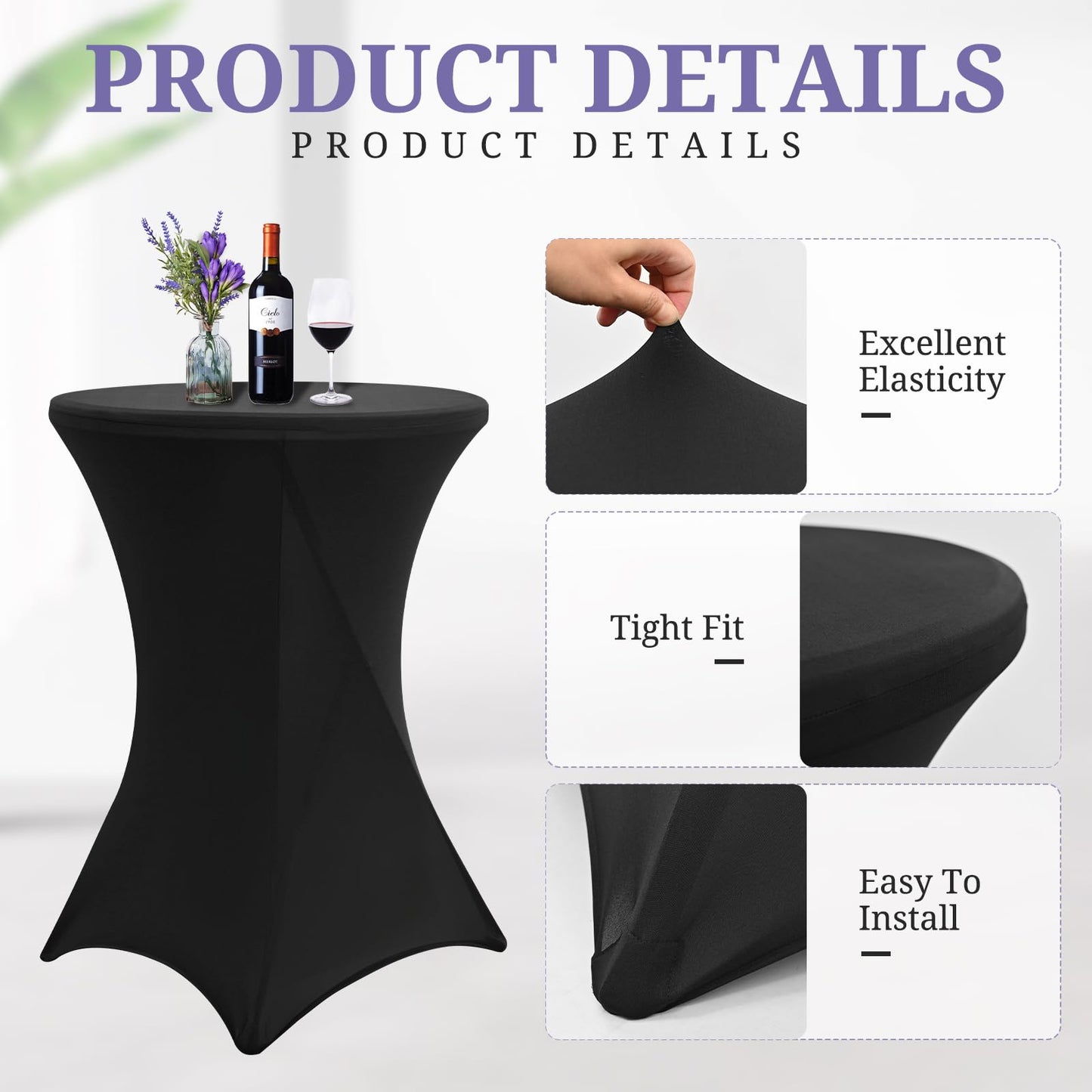 4er-Set Noir Schwarzer Stehtisch Husse, Spandex Quadratische Ecktischdecke Passend für Ø 80-85cm Kleine Bar Esstische,Waschbare Tischdecken für Mariage Réceptions - und Kneipentische（80×110 cm）