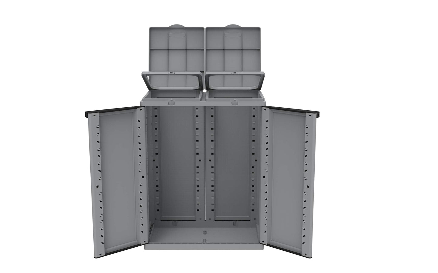Hier passt viel rein! XXL Gartenschrank mit Zwei Halterungen für Müllsäcke und Recycling. Frontseitig und von Oben zu öffnen. In neutralem Grau.