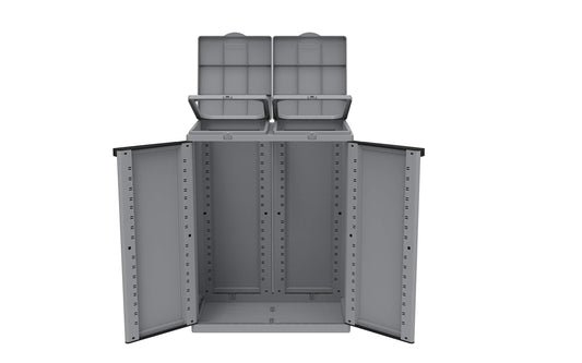 Hier passt viel rein! XXL Gartenschrank mit Zwei Halterungen für Müllsäcke und Recycling. Frontseitig und von Oben zu öffnen. In neutralem Grau.