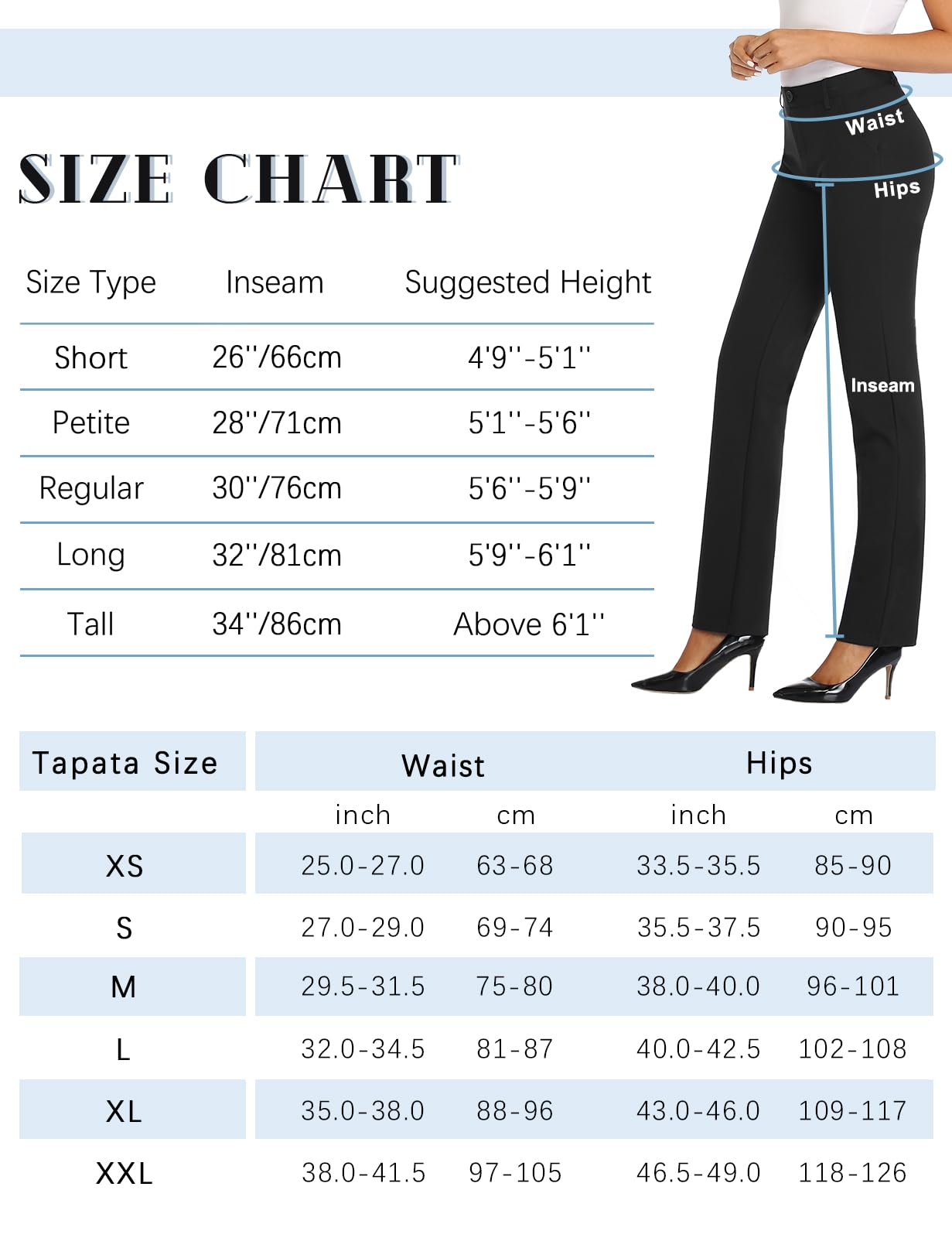 Tapata Damen 71cm/76cm/81cm/86cm Gerade Stretch-Hose mit Taschen Für Büro Geschäft Alltag, Tall/Lang/Regulär/Petite Hose 86cm, Schwarz, S