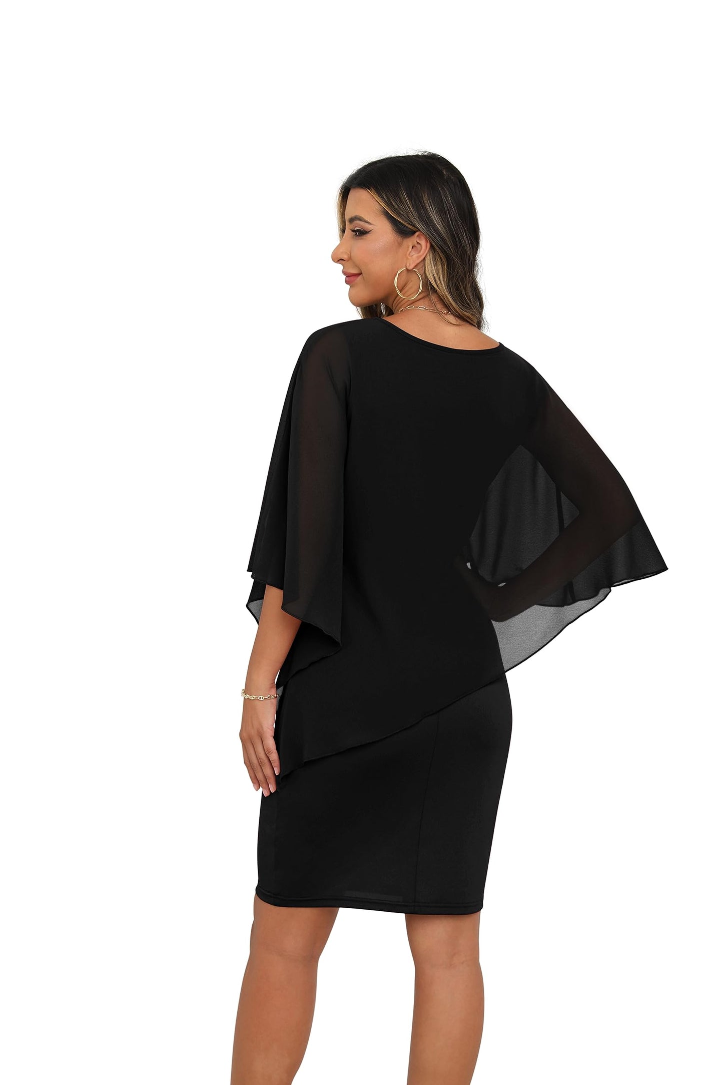 QIXING Damen Chiffon Cape Cocktialkleid Rundhals Ausschnitt Bleistiftkleid Sommerkleid Damen Knielang Elegant Abendkleid Mit Overlay Casual Bodycon Kleider (Schwarz, L)