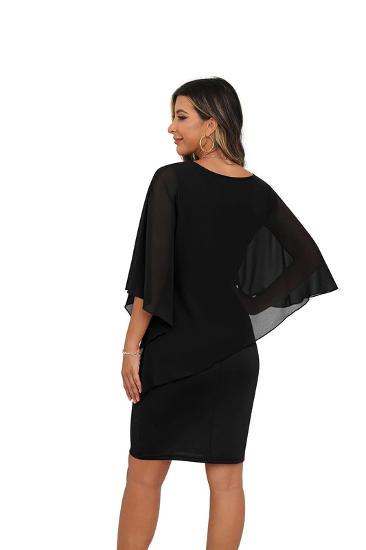 QIXING Damen Chiffon Cape Cocktialkleid Rundhals Ausschnitt Bleistiftkleid Sommerkleid Damen Knielang Elegant Abendkleid Mit Overlay Casual Bodycon Kleider (Schwarz, L)