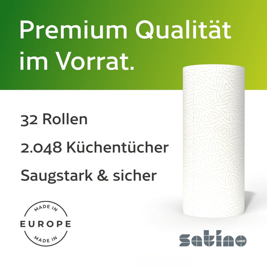 Küchenrolle 3-lagig – 32 Rollen – 64 Blatt pro Rolle - Ø: 10,5 cm/Höhe: 26 cm - saugstark, reißfest & besonders weich dank Zellstoff – Made in Germany - Küchentücher Vorrat – Reserve - Satino