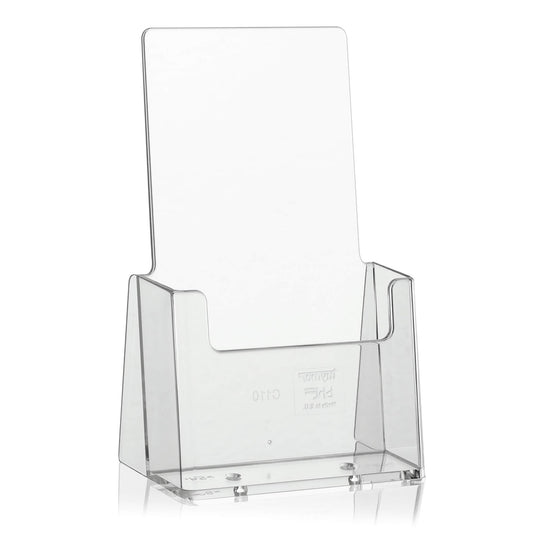 Standfester DIN Lang Flyerständer der Marke taymar als transparenter „trifold“ Flyerhalter, Tisch-Prospekthalter, Prospektständer, glasklarer Tischprospektständer für DL Flyer und DIN A6 Postkarten