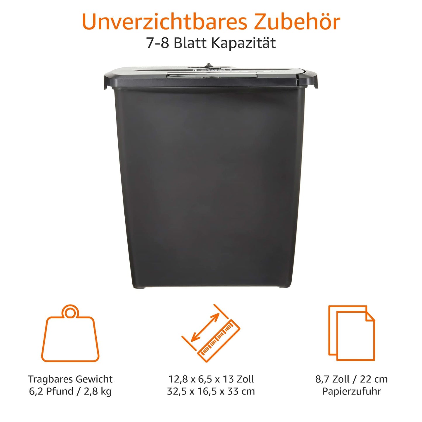 Amazon Basics Aktenvernichter, Streifenschnitt, CD-Schredder, 7-8 Blätter, Schwarz