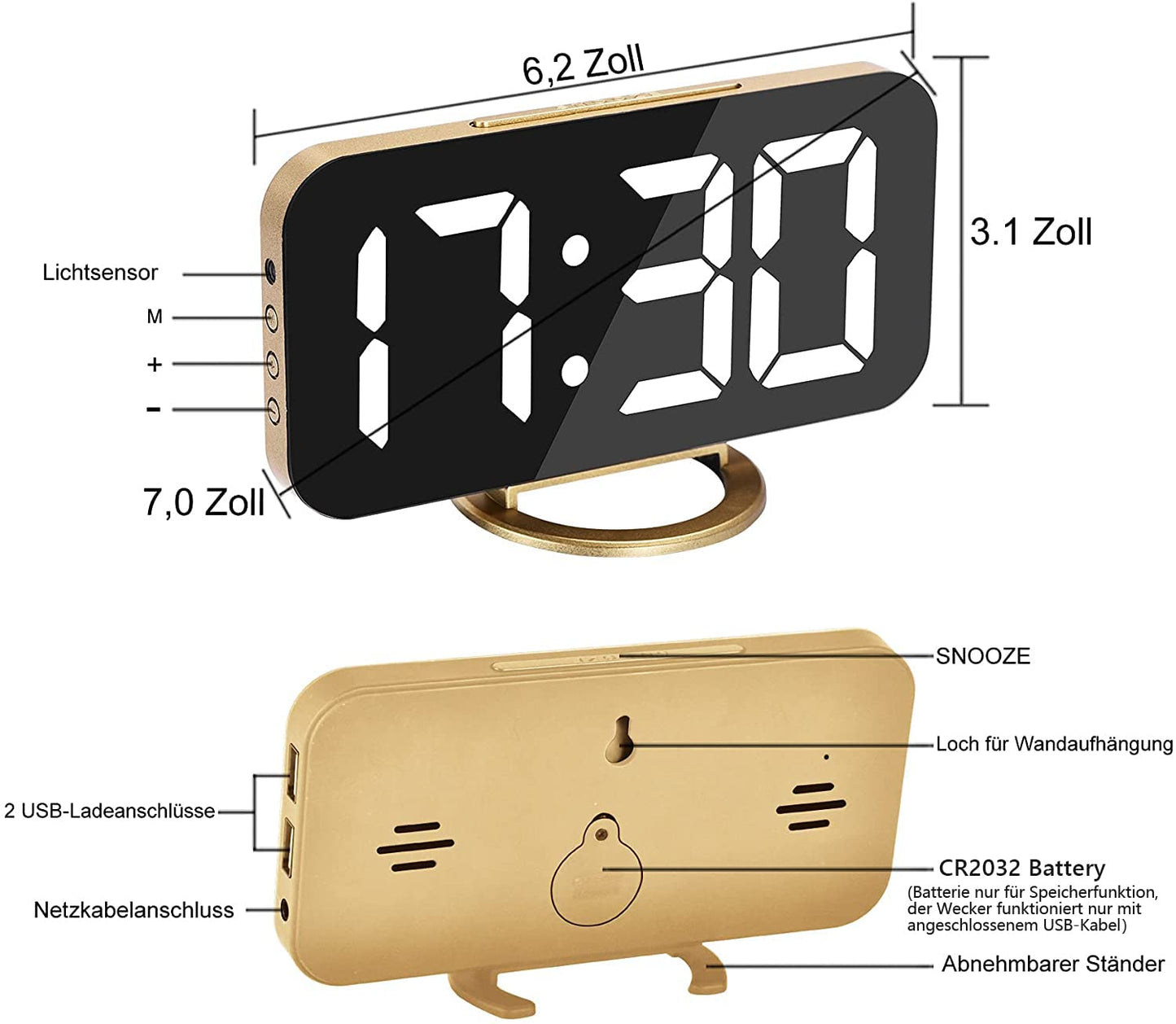 Digitaler,Wecker Am Bett,7 "LED-Spiegel-Wecker, mit 2 USB-Ladeanschlüssen,Schlummermodus,Automatische Helligkeitsanpassung,Einfach Einzurichtende Schreibtischuhr Für Die Home-Office (Gold)