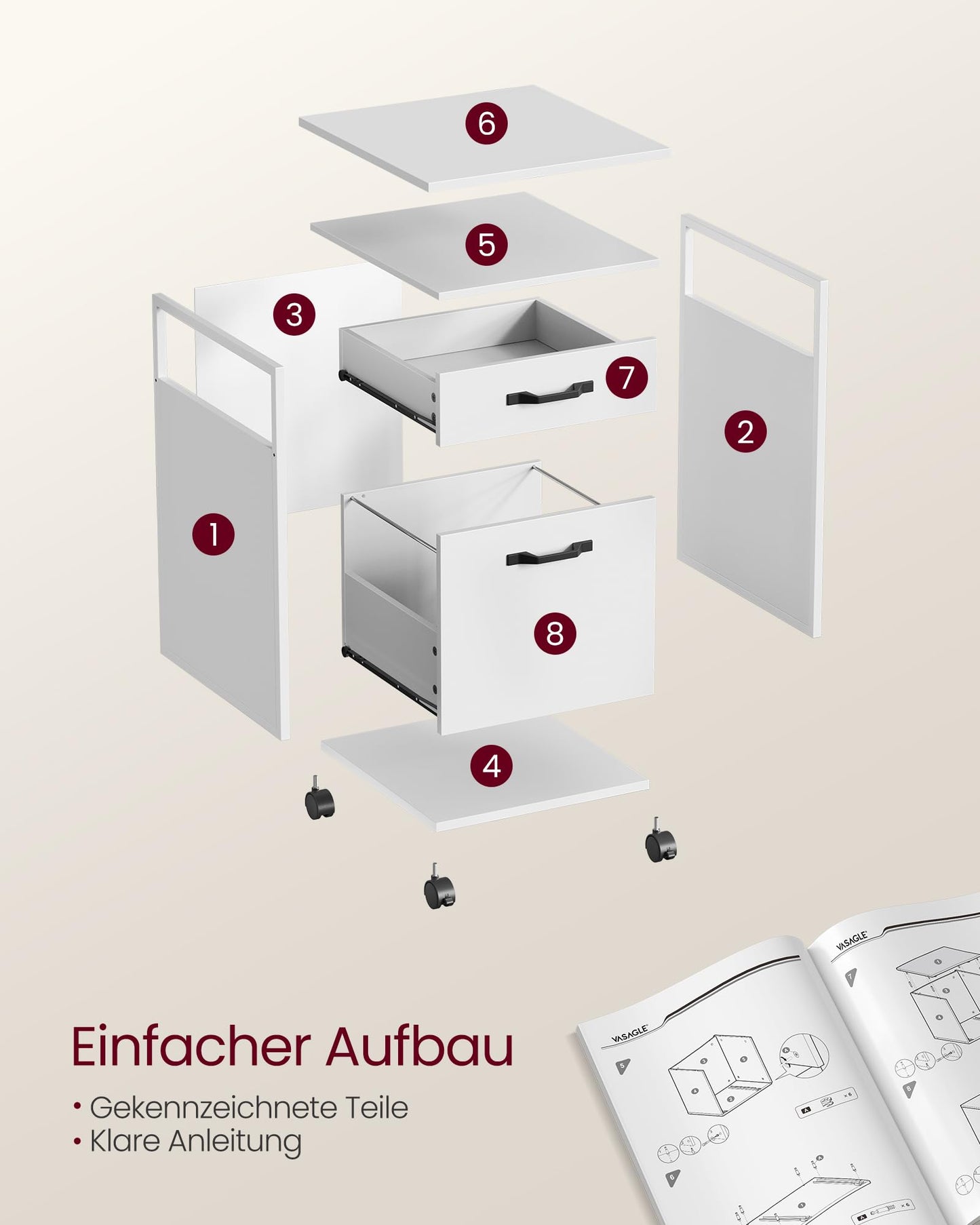 VASAGLE Rollcontainer, Aktenschrank mit 2 Schubladen, mobiler Büroschrank mit Rädern, offenes Fach, Hängeregistratur, Stahlgestell, modern, wolkenweiß OFC071W14