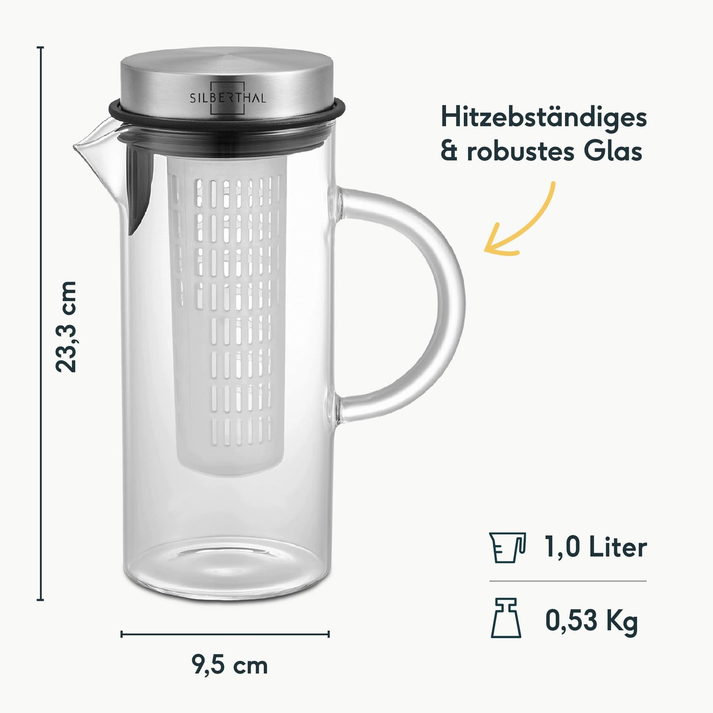 SILBERTHAL Glaskaraffe mit Frucheinsatz - 1 Liter Karaffe mit Deckel- Spülmaschinenfest & Hitzebeständig