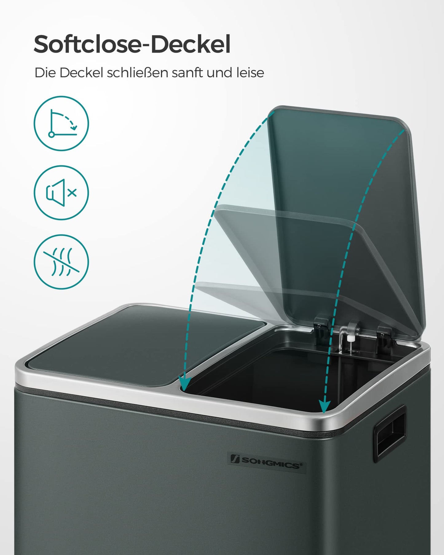 SONGMICS Mülleimer Küche, 2 x 15 Liter, Mülltrennsystem 2 Fächer, inklusive 15 Müllbeutel, Abfalleimer, Treteimer, recycelbare Abfälle, Biomüll, Softclose-Deckel, grüngrau LTB30GS