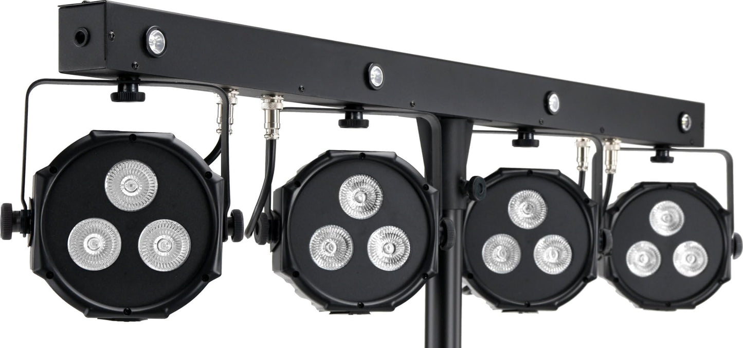 Showlite LB-4390 LED Licht Komplettanlage RGB, mit Wireless Fußschalter (Tri-LED PAR Spots, weiße Strobe-Spots, DMX512, Funk-Fußpedal, LCD-Display, Mikrofon, T-Bar, Stativ, Taschen)