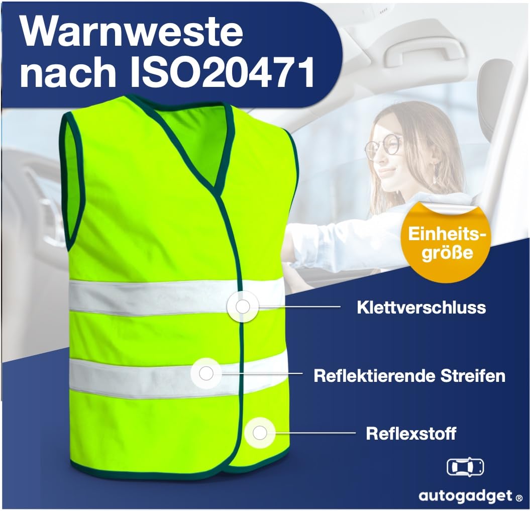 4x Stück Warnwesten Auto gelb 2025 gemäß ISO20471 - PKW & LKW Sicherheitswesten für Sicherheit im StVO - Autozubehör