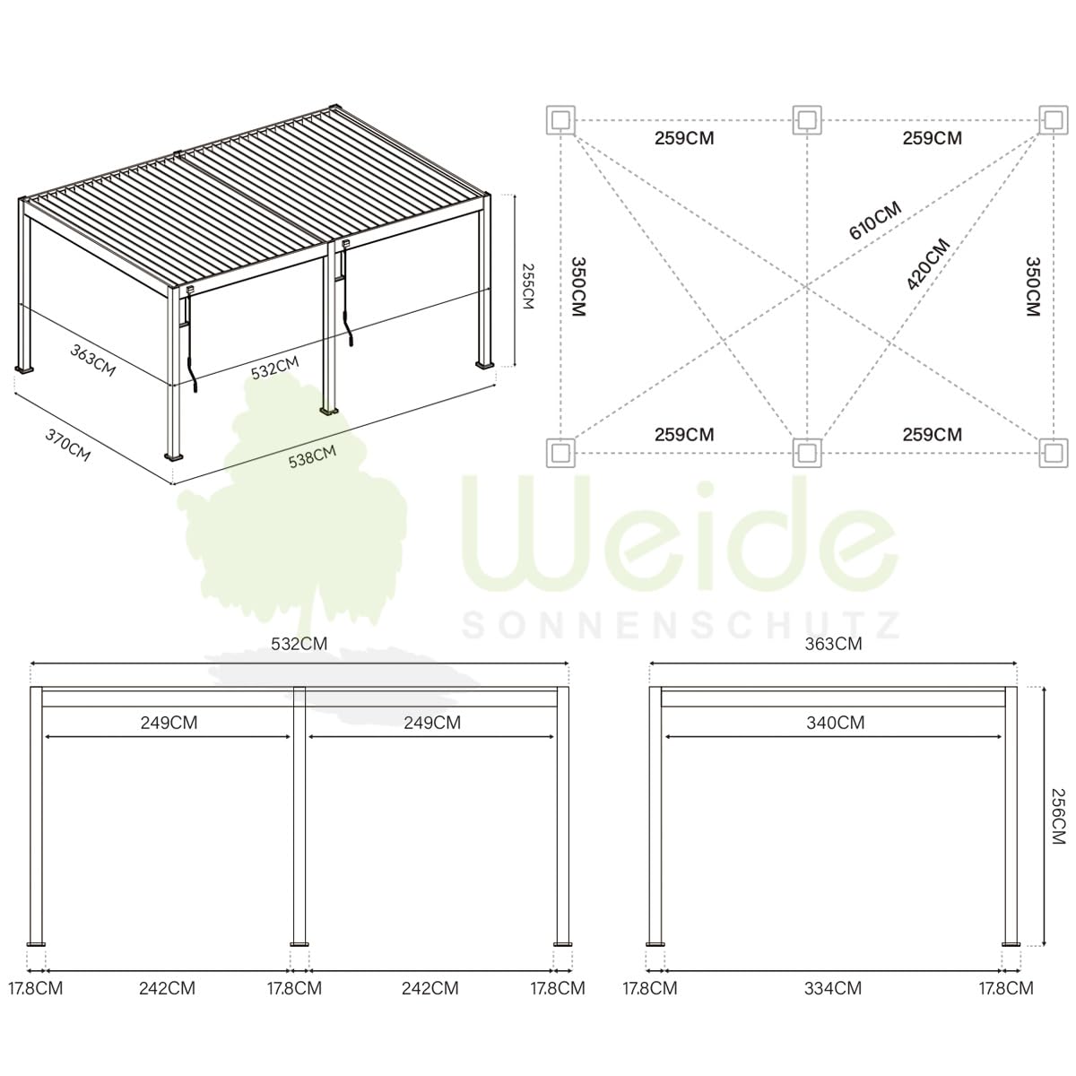 Weide Deluxe Pergola mit Lamellendach I Rostfreie & Robuste Voll-Aluminium Pavillon freistehend I Optimaler Schutz vor Sonne & Regen Dank verstellbaren Aluminium-Lamellen (Anthrazit, 3,6 x 5,3 M)