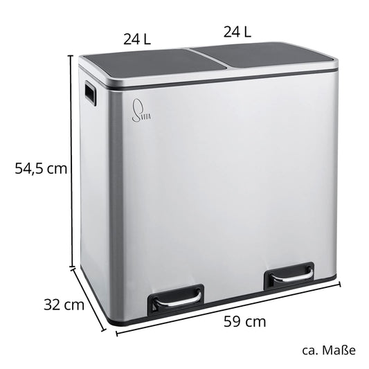 SVITA TM2X24 Treteimer 48 Liter Abfalleimer Mülleimer Design Mülltrennung Papierkorb Küchen-Ordnung herausnehmbare Inneneimer mit Henkel Deckel mit Schließdämpfer Trennsystem (Edelstahl)