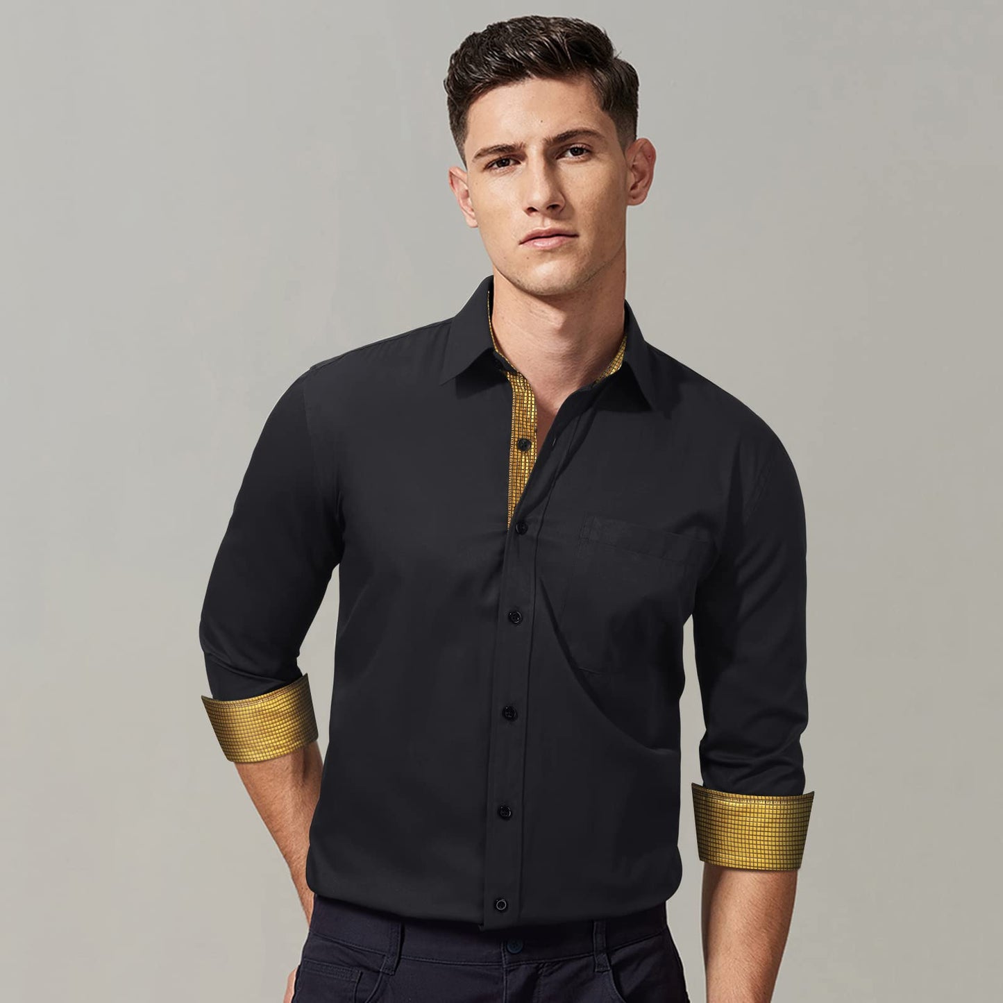 Schwarzes Gold Langarmhemd für Männer Fashion Classic Collar Button Down Casual Formal Party Prom Concert Hemd