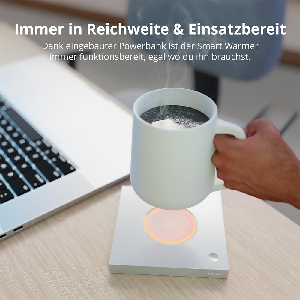 SOLUM Smart Warmer, Wärmetasse, Weiß, 440 ml, 2 Stunden kabelloser Betrieb, für Büro und zuhause