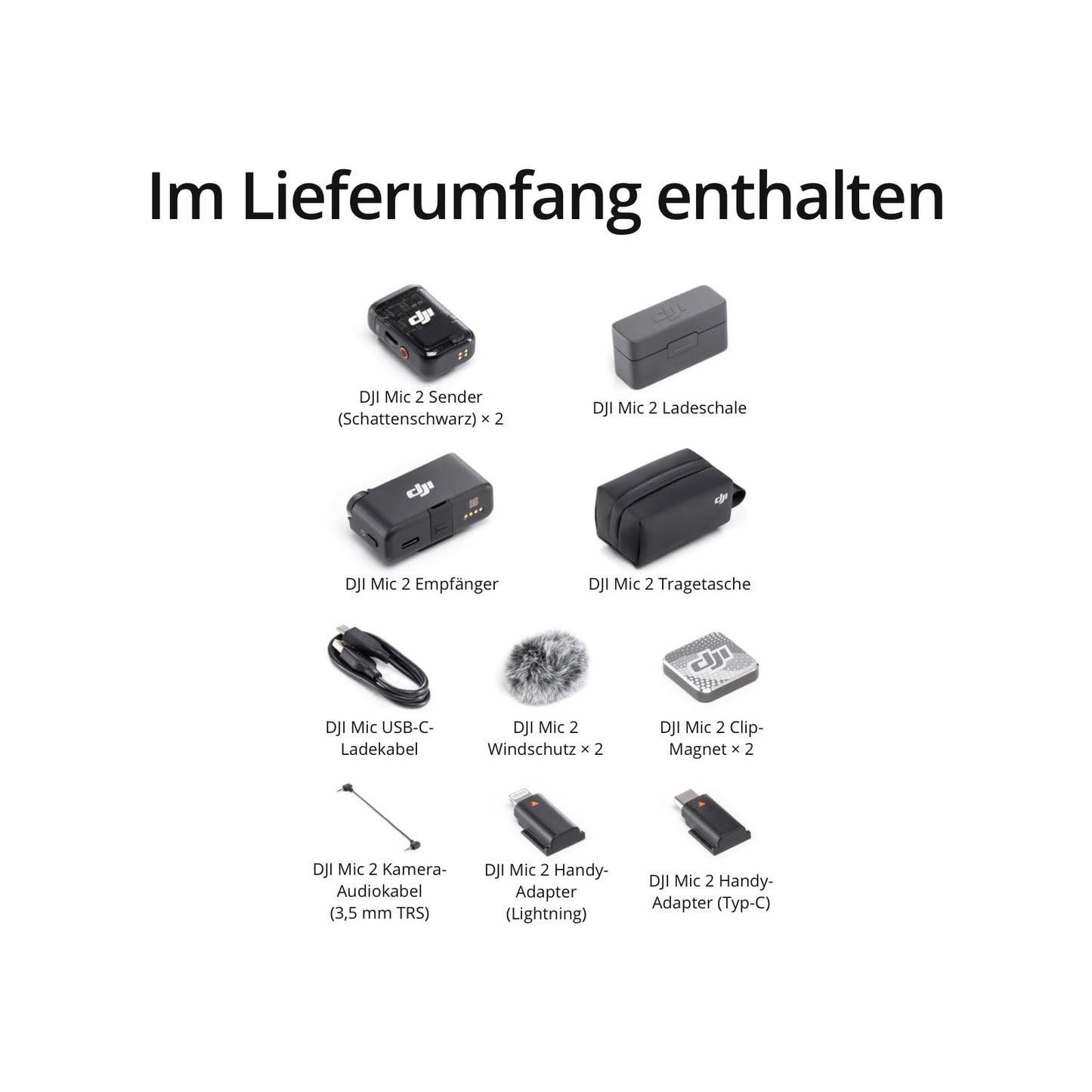 DJI Mic 2, lavalier mikrofon wireless, Rauschunterdrückung, 48kHz Interne 32-Bit-Float-Aufnahme, 250 m Reichweite, 18 Std. Akku mit Ladecase, Mikrofon für Kamera/Handy, Vlog, Streaming