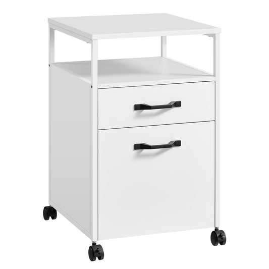 VASAGLE Rollcontainer, Aktenschrank mit 2 Schubladen, mobiler Büroschrank mit Rädern, offenes Fach, Hängeregistratur, Stahlgestell, modern, wolkenweiß OFC071W14