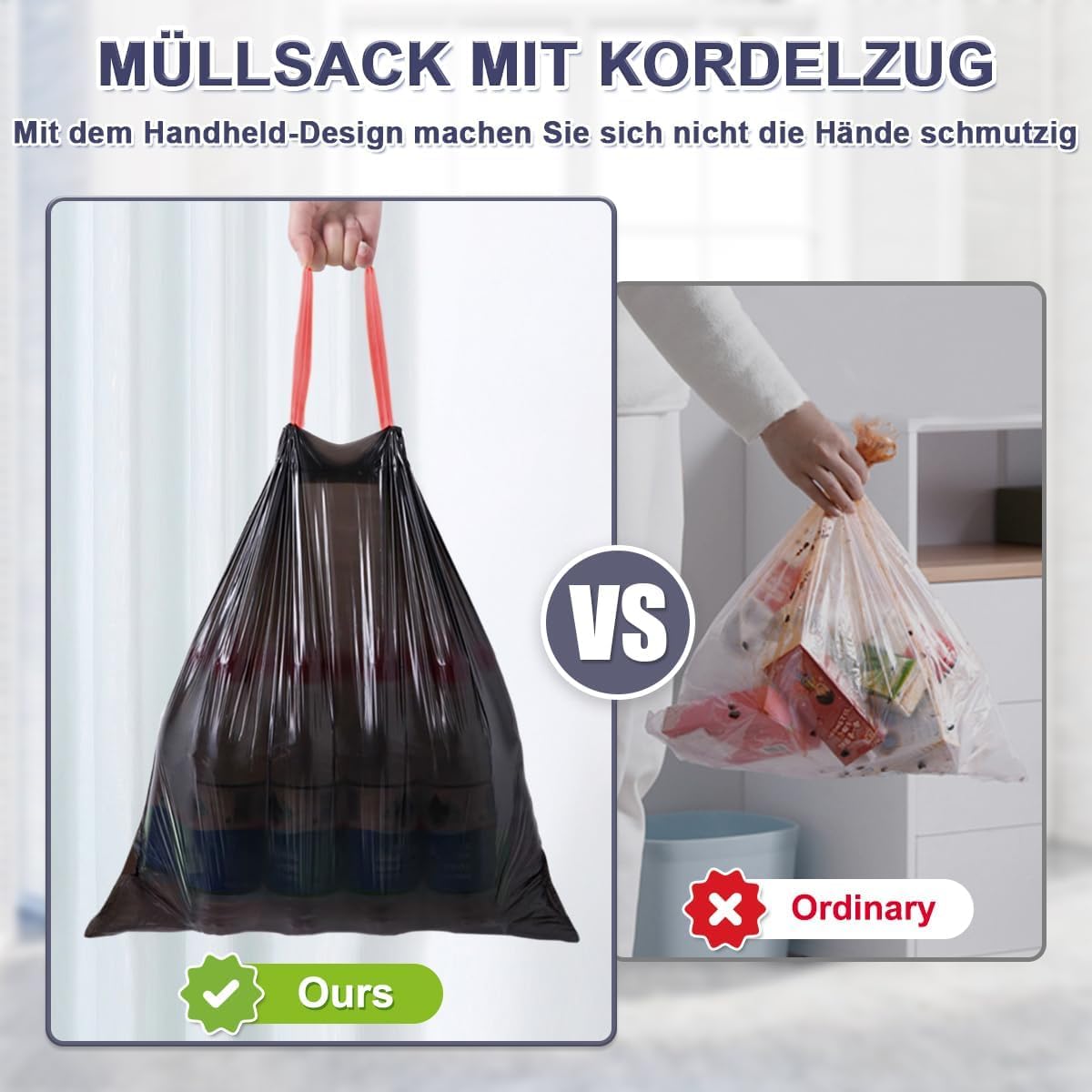 OKKEAI Schwarz Müllbeutel 15L mit Zugband Kleine Mülltüten,75 Stück Reißfest Müllsacks
