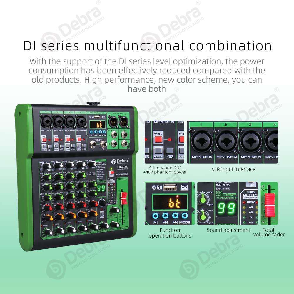 D Debra DI-6UX-Serie Professioneller Mixer Audio mit 99 DSP Digitaleffekten USB MP3 Eingang 48V Professionelle Phantomspeisung Mikrofon-Preamps für DJ Mixer Konsole Aufnahmestudio (DI-6UX)