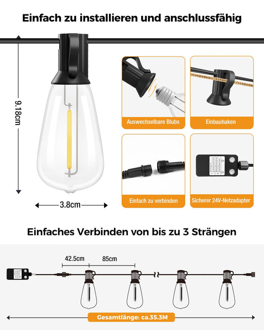 litogo LED Lichterkette Außen Dimmbar mit Timer, 35.3M Deko Lichterkette Aussen Strom mit Retro Warmweiß Glühbirnen Plastik, Wetterfest lichterketten für Garten Balkon Party Pavillon Terrasse