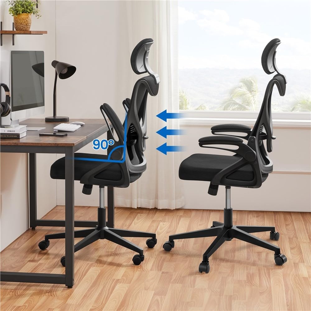 Yaheetech Bürostuhl Ergonomisch, Schreibtischstuhl mit Hochklappbaren Armlehnen, Drehstuhl mit Rückenlehne und Verstellbarer Kopfstütze, bis 136 kg Belastbar Schwarz