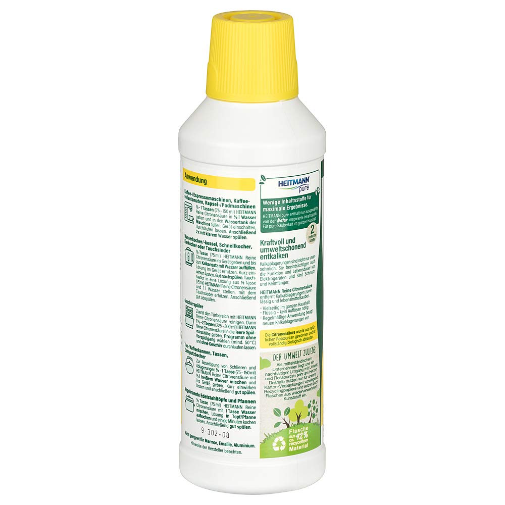 HEITMANN pure Reine Citronensäure | Flüssiger Bio-Entkalker für Küche & Bad | Effektiv gegen Kalkablagerungen | 100% natürliche Inhaltsstoffe | Lebensmittelsauber | 500 ml