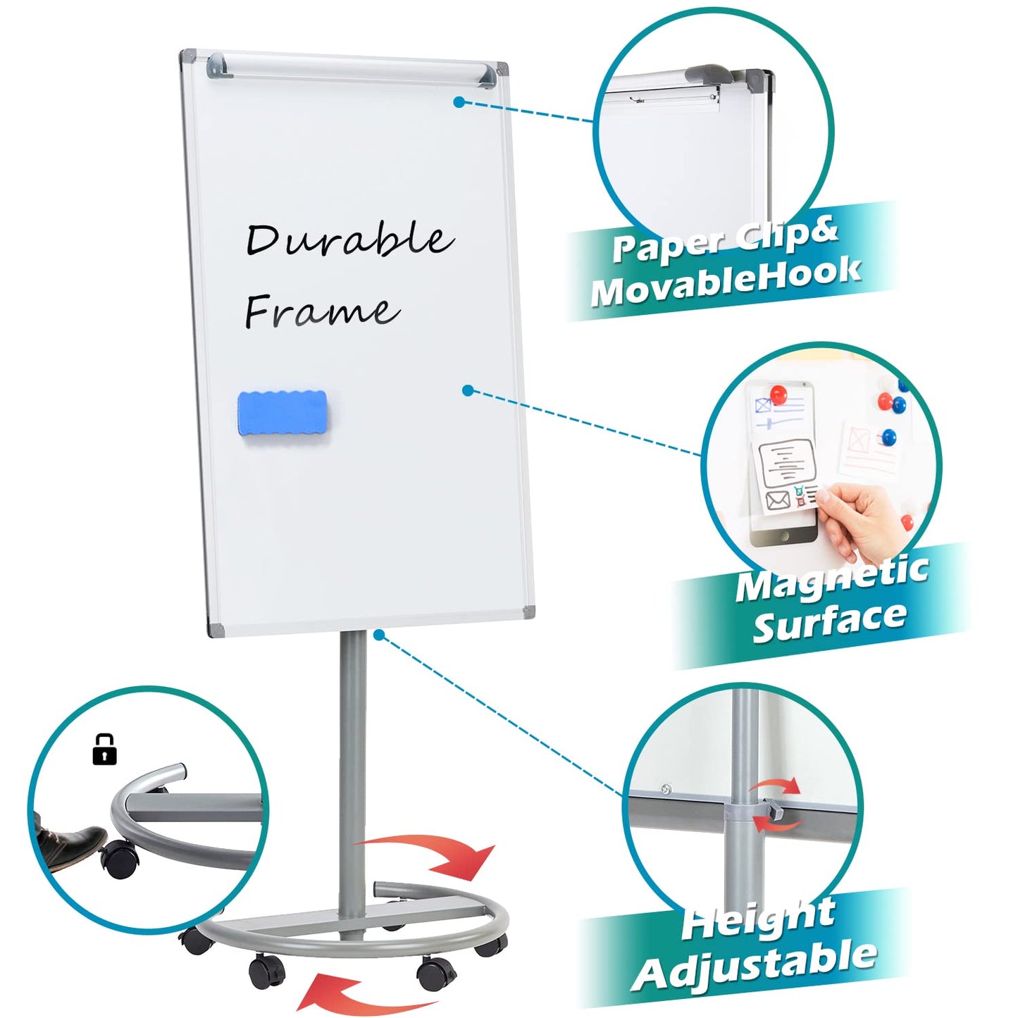 MAKELLO Flipchart 70x100cm Mobiles Whiteboard auf Rollen, Magnetisch Trocken Abwischbar, Höhenverstellbar, Rundfuß, Flip Chart Board für Büro