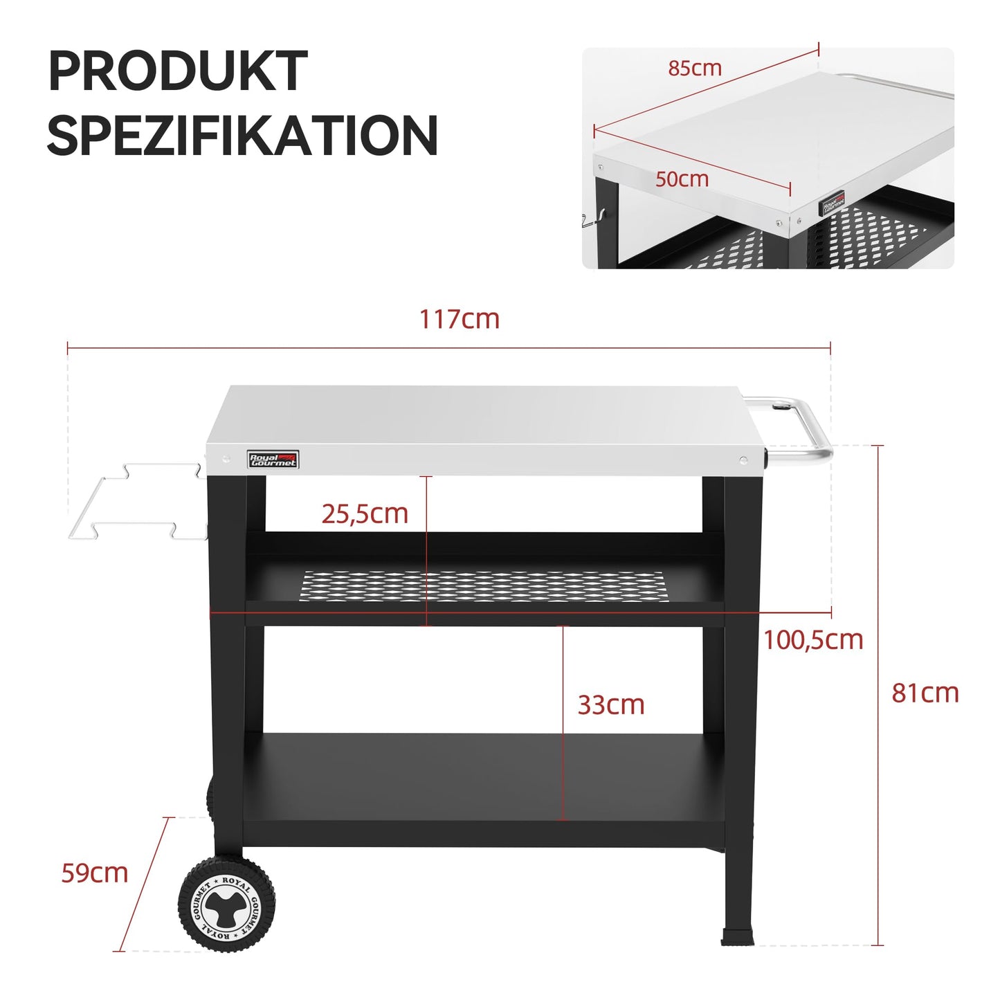 Royal Gourmet Servierwagen 3-Etagen mit Müllsackhalter Küchenwagen Edelstahl Beistelltisch Outdoor Plancha Grilltisch Rollwagen Trolley Silber Arbeitsplatte 85 x 50cm