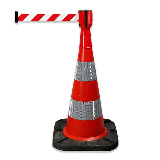 Absperrband, Absperrgurt für Pylonen bis 5 Meter ausziehbar UvV-Conny Kegelaufsatz - Erhältlich in den Farben gelb und rot (Rot mit 5 Meter Gurtband + 1 x 75cm Bigfoot Kegel)
