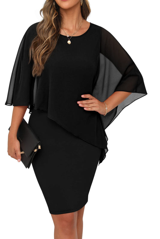 QIXING Damen Chiffon Cape Cocktialkleid Rundhals Ausschnitt Bleistiftkleid Sommerkleid Damen Knielang Elegant Abendkleid Mit Overlay Casual Bodycon Kleider (Schwarz, L)