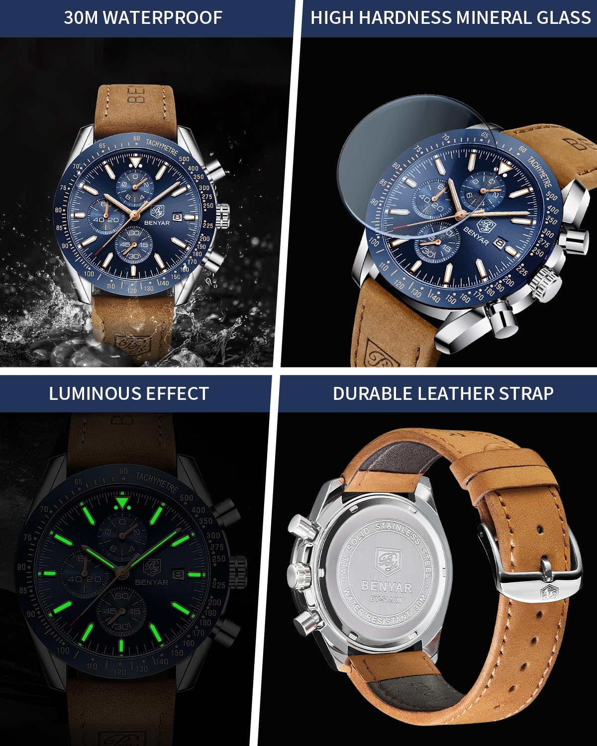 BENYAR Uhren Herren Analog Quarz Chronograph Herrenuhren 30M Wasserdicht Leuchtende Datum Braun Lederband Armbanduhr Lässig Business-Kleid Uhren Elegantes Geschenk fur Männer